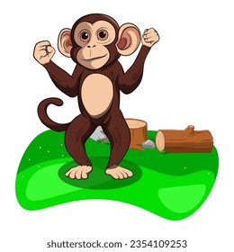 Illustration of a monkey in the forest against a background of grass, wood and stones.