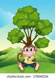 Illustration of a monkey frowning under the tree at the hilltop