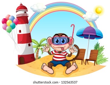 Illustration of a monkey with goggle at the beach on a white background