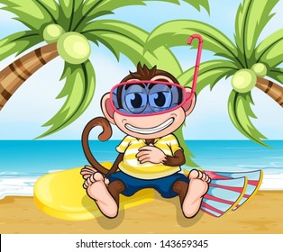 Illustration of a monkey with goggles at the beach