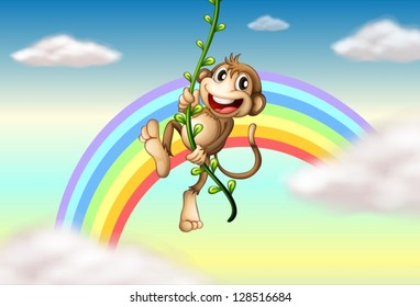 Illustration of a monkey hanging on a vine plant near the rainbow