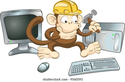 An illustration of a monkey in a hard hat trying to fix a computer with a hammer. Perhaps a “website under construction” image.