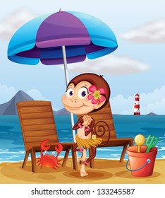 Illustration of a monkey in a hawaiian attire at the beach