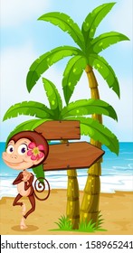 Illustration of a monkey in a hawaiian attire dancing near the wooden arrowboard