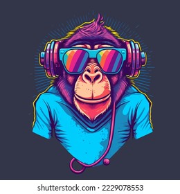 Illustration of Monkey Head Face  for mascot and logo. Geek  Chimpanzee Icon Badge Poster