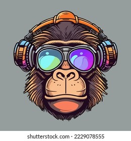 Illustration of Monkey Head Face  for mascot and logo. Geek  Chimpanzee Icon Badge Poster