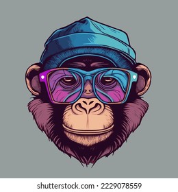 Illustration of Monkey Head Face  for mascot and logo. Geek  Chimpanzee Icon Badge Poster