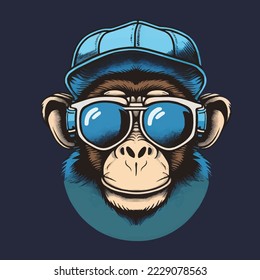 Illustration of Monkey Head Face  for mascot and logo. Geek  Chimpanzee Icon Badge Poster