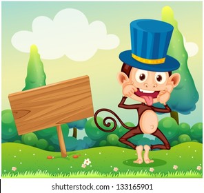 Illustration of a monkey in the hill with a wooden signboard