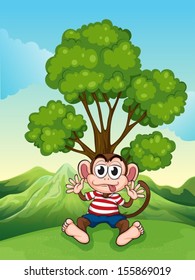 Illustration of a monkey at the hilltop sitting under the tree