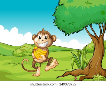 Illustration of a monkey holding bananas in the field
