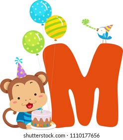 Illustration eines Affen, der einen Geburtstagstorchen mit Letter M, Balloons und Hut hält