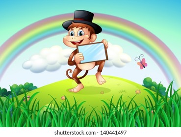 Illustration of a monkey holding an empty signage at the top of the hill
