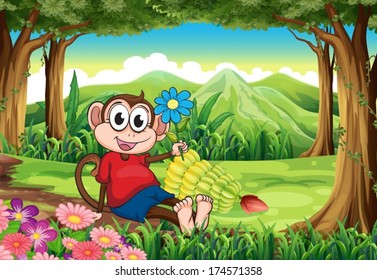 Illustration of a monkey holding a flower while sitting in the middle of the forest