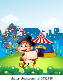 Illustration of a monkey holding a frame in front of the carnival