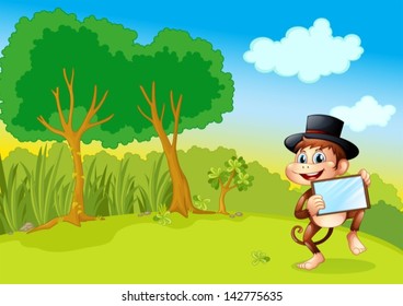 Illustration of a monkey holding a mirror at the forest