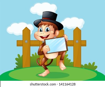 Illustration of a monkey holding a mirror outside the wooden fence