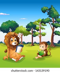 Illustration of a monkey and a lion reading books
