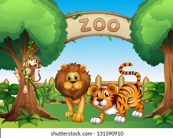 Illustration of a monkey, a lion and a tiger inside the wooden fence