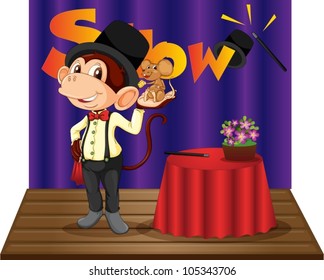 Illustration of a monkey magician on stage