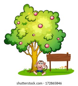 Illustration of a monkey in the middle of the tree and the wooden board on a white background