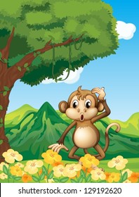 Illustration of a monkey near the mountain