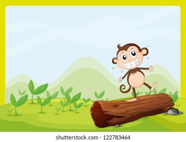 Illustration of monkey on wood in green nature