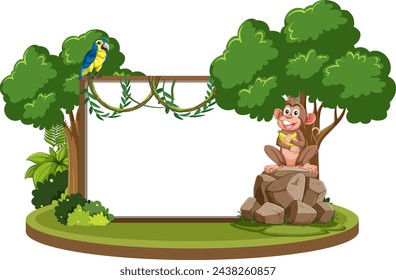 Illustration of a monkey and parrot in a lush setting