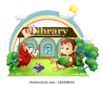 Illustration of a monkey and a parrot reading in front of the library on a white background