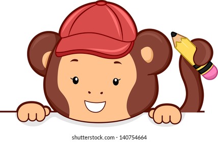 Illustration of a Monkey with Pencil on its Tail Peeking on Blank Board