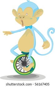Ilustración de un mono jugando con triciclo sobre fondo blanco