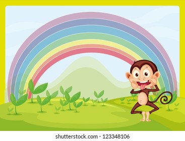 Illustration of monkey and rainbow in green nature
