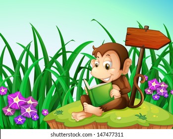 Illustration of a monkey reading a book beside the arrowboard
