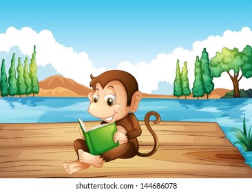 Illustration of a monkey reading a book sitting at the port