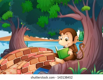 Illustration of a monkey reading a book under the big tree near the bridge