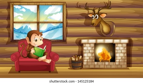 Illustration of a monkey reading at the chair near the fireplace