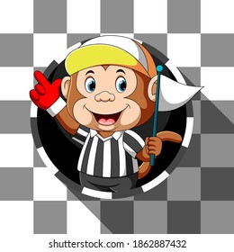 The illustration of the monkey as referee of the race holding the white flag in his hands out from the round frame