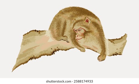 Illustration of a monkey resting on a branch. The monkey is depicted in a relaxed pose, showcasing its fur texture. Artistic representation of a monkey in nature. Vintage animal illustration vector.