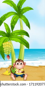 Illustration of a monkey resting under the banana plant at the beach