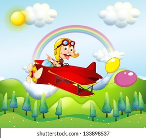 Illustration of a monkey riding on a red plane with two balloons