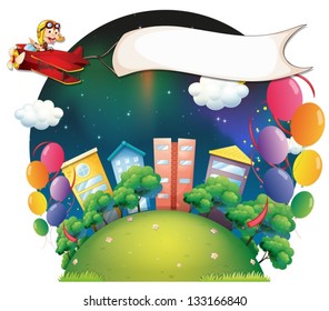 Illustration of a monkey riding in a plane in the city with a banner on a white background