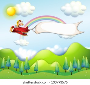 Illustration of a monkey riding in a red airplane with an empty banner