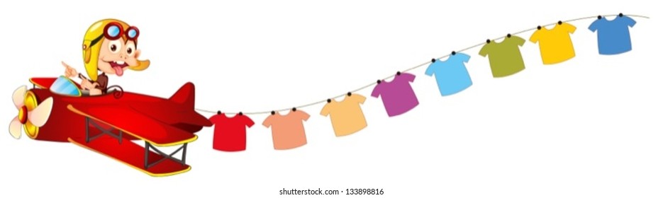 Illustration of a monkey riding in a red plane with hanging clothes at the back  on a white background