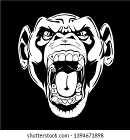 Illustration of monkey screaming, showing fangs. Vector.