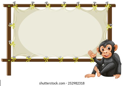 Ilustración de un mono sentado al lado del cartel
