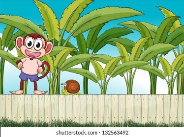 Illustration of a monkey and a snail above the fence