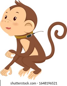 Illustration of a Monkey in a Squat Position Wearing a Collar for Tracking Its Location