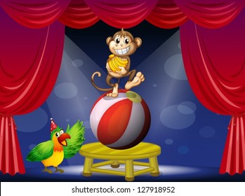 Illustration of a monkey standing on a ball and a bird in a circus