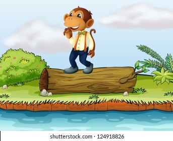 Illustration of a monkey standing on a log