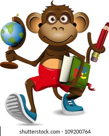 illustration of a monkey student with a globe and a book